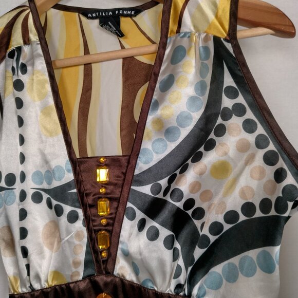 Vintage Y2K Antilia Femme Shirt Medium Sleeveless Yellow Brown Satin Bling Ties - Picture 11 of 16